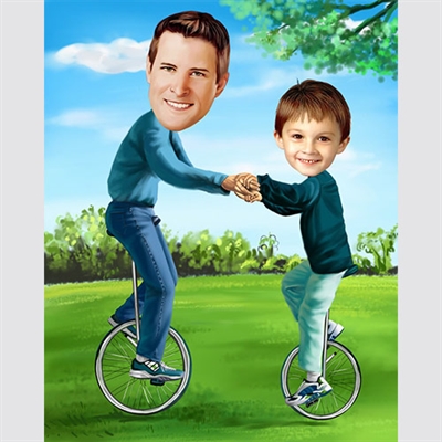 Father and Son Unicycles Caricature from Photos,by myDaVinci - myDaVinci